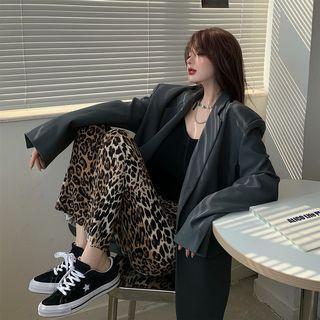 Plain Long-sleeve Blazer / Printed Leopard Pants