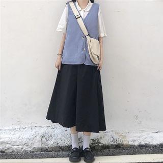 Short-sleeve Shirt / Button-up Vest / Midi A-line Skirt