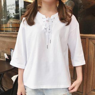 Elbow-sleeve Lace-up Blouse