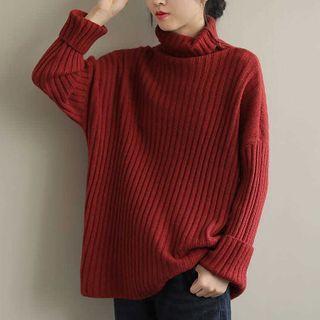 Turtleneck Ribbed Knit Sweater Red - One Size