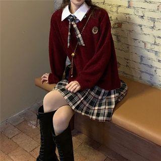Badge Embroidered Plaid Panel Sweater Dress Brown Top & Plaid - Black - One Size