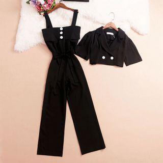 Set: Short-sleeve Blazer + Wide Strap Jumpsuit