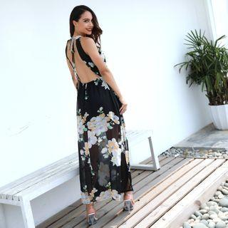 Floral Strappy Maxi A-line Dress Black - Xl