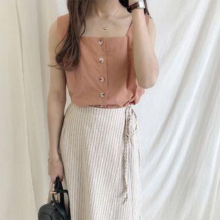 Square Neck Sleeveless Top / Pinstriped Midi Skirt