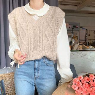 Tie-cuff Blouse / V-neck Knit Vest