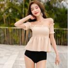 Set: Short-sleeve Ruffle Trim Swim Top + Bottom