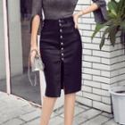 Buttoned Faux Leather Pencil Skirt