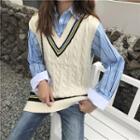 Color-block Knit Vest / Striped Long-sleeve Loose-fit Shirt
