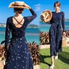 Long-sleeve Patterned Glitter Knit A-line Midi Dress