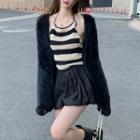 Striped Halter Top / Ruched Mini A-line Skirt / Fluffy Jacket