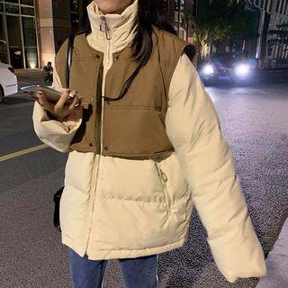 Stand-collar Padded Jacket + Padded Vest Almond - One Size
