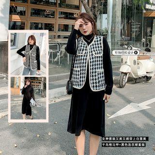 Houndstooth Button-up Vest / Turtleneck Plain Midi A-line Dress