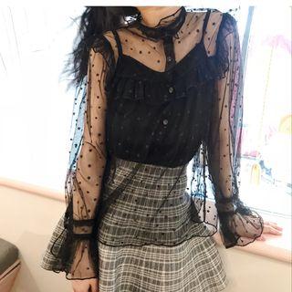 Set: Plain Camisole Top + Mesh Long-sleeve Top