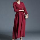 V-neck 3/4 Sleeve Tie-waist Maxi Dress