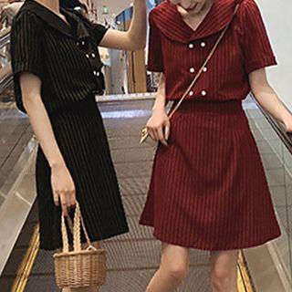 Set: Pinstriped Short-sleeve Shirt + A-line Skirt