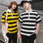 Couple Matching Short-sleeve Striped Polo Shirt / Lettering Sweatpants