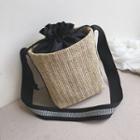 Woven Drawstring Bucket Bag Khaki - One Size