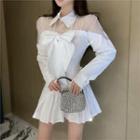 Long-sleeve Mesh Panel Bow-front Mini A-line Shirtdress