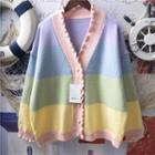 Long-sleeve Rainbow Striped Wavy Wood Ear Flower Trim V-neck Cardigan Rainbow Stripe - One Size