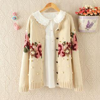 Flower Embroidered Dotted Cardigan
