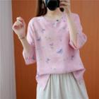 Butterfly Print Elbow-sleeve Blouse