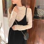 Lace Mock-neck Long-sleeve Top / Velvet Sleeveless Dress
