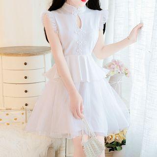 Mandarin Collar Sleeveless Mesh Panel Mini A-line Dress
