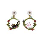Fashion And Elegant Plated Gold Enamel Cat Flower Circle Earrings With Cubic Zirconia Golden - One Size