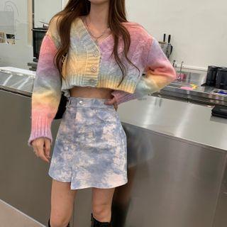 Long-sleeve Knit Cardigan / Tie-dyed Mini Skirt