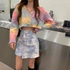 Long-sleeve Knit Cardigan / Tie-dyed Mini Skirt