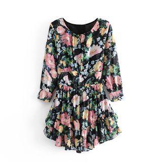 Long-sleeve Floral Lettuce Edge Dress