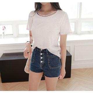 Short-sleeve Strap-detail Linen Blend T-shirt