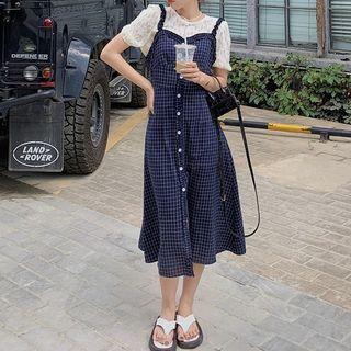 Puff-sleeve Shirred Blouse / Plaid Midi Overall Dress