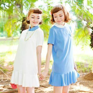 Contrast-collar Ruffle-hem Dress