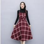 Long-sleeve Mock-neck Knit Top / Plaid Midi A-line Pinafore Dress