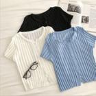 Plain Single-breasted Striped Crewneck Knit Top
