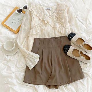 Long-sleeve V-neck Pearl Ruffle Trim Chiffon Shirt / High-waist Plain Wide-leg Shorts