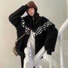 Long-sleeve Checkerboard Fleece Jacket Black - One Size