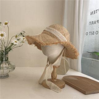Lace Strap Woven Sun Hat Beige - One Size