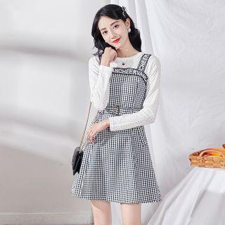 Set: Printed Long-sleeve T-shirt + Plaid Mini Jumper Dress