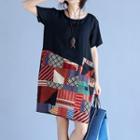 Pocket-accent Short-sleeve Printed Shift Dress