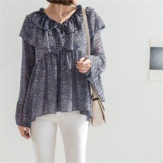 Ruffle-detail Floral Pattern Chiffon Top