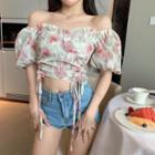 Off-shoulder Flower Print Drawstring Blouse