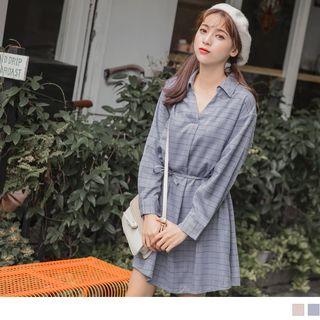 Long Sleeve V-neck Check Shirtdress