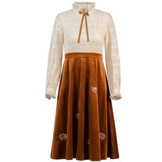 Mock Two-piece Long-sleeve Velvet Panel Midi A-line Lace Dress