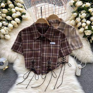 Short-sleeve Plaid Zip-up Shirt