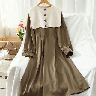 Set: Long-sleeve Midi A-line Dress + Knit Shawl
