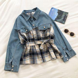 Color-block Panel Plaid Lace-up Long-sleeve Denim Jacket