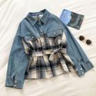 Color-block Panel Plaid Lace-up Long-sleeve Denim Jacket