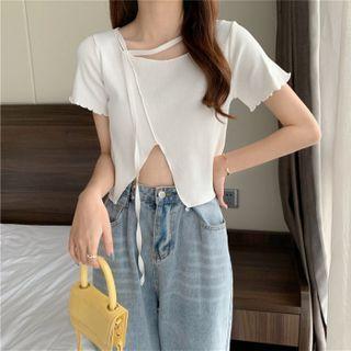 Short-sleeve Irregular Cropped Knit Top